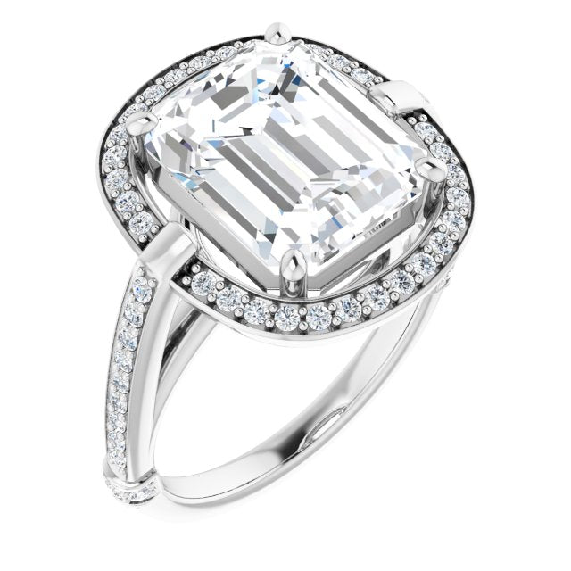 10K White Gold Customizable High-Cathedral Emerald/Radiant Cut Design with Halo and Shared Prong Band
