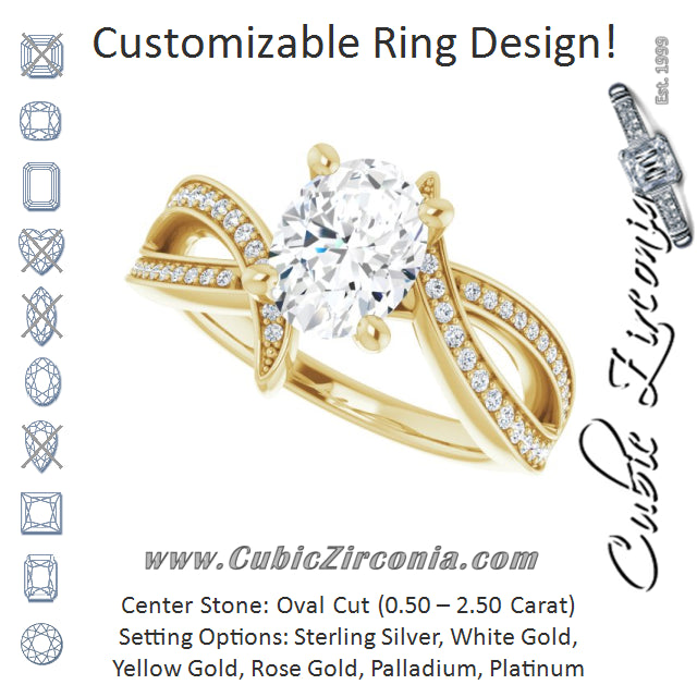 Cubic Zirconia Engagement Ring- The Vada (Customizable Oval Cut Design with Swooping Shared Prong Bypass Band)