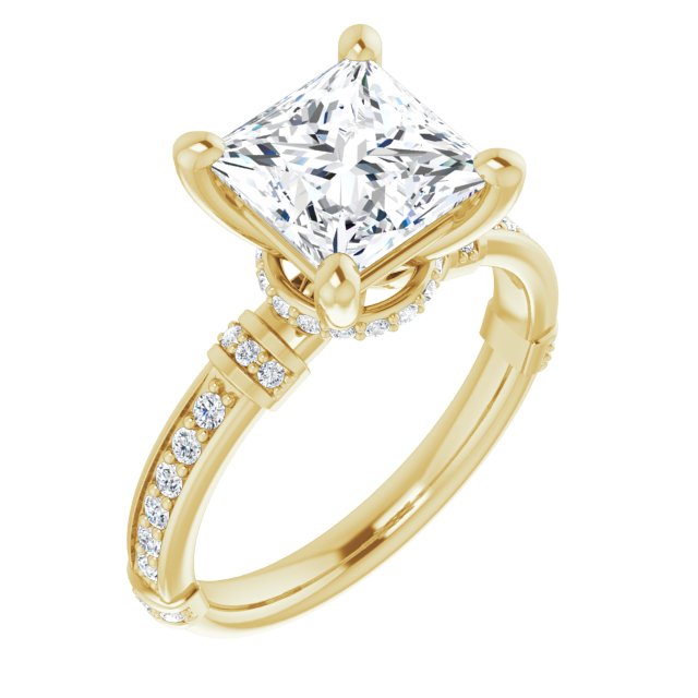 Cubic Zirconia Engagement Ring- The Ambrosia (Customizable Princess/Square Cut Style featuring Under-Halo, Shared Prong and Quad Horizontal Band Accents)