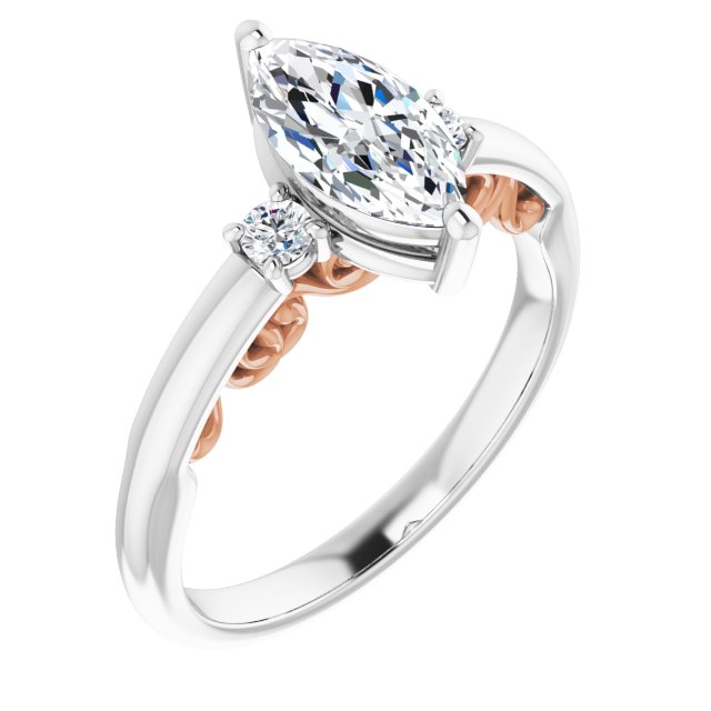 14K White & Rose Gold Customizable Marquise Cut 3-stone Style featuring Heart-Motif Band Enhancement