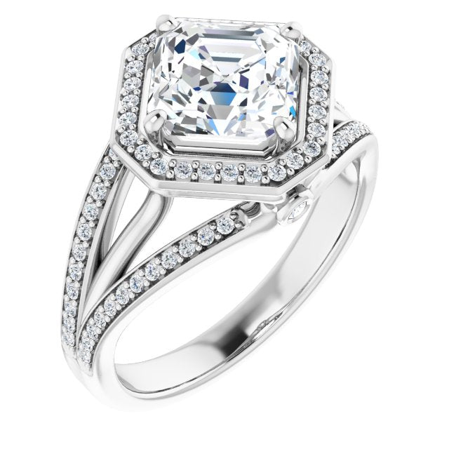 Cubic Zirconia Engagement Ring- The Hanna Jo (Customizable High-set Asscher Cut Design with Halo, Wide Tri-Split Shared Prong Band and Round Bezel Peekaboo Accents)