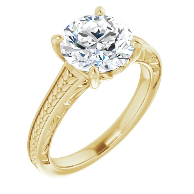 18K Yellow Gold Customizable Round Cut Solitaire with Organic Textured Band and Decorative Prong Basket