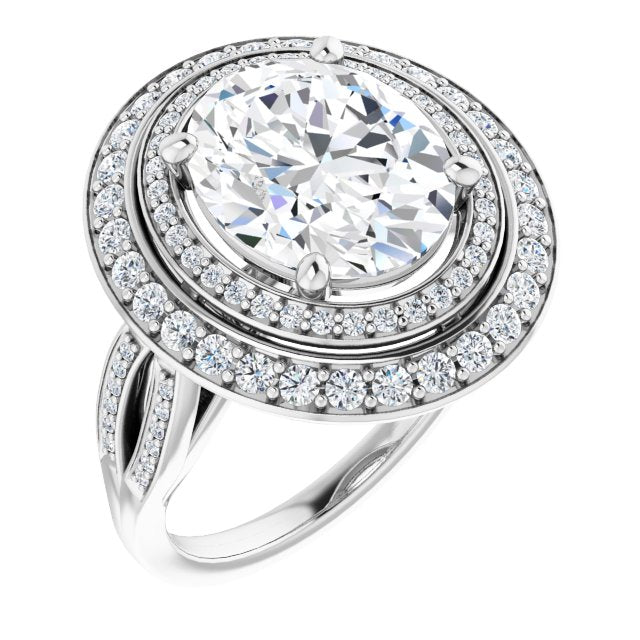 10K White Gold Customizable Cathedral-style Oval Cut Design with Double Halo & Split-Pavé Band