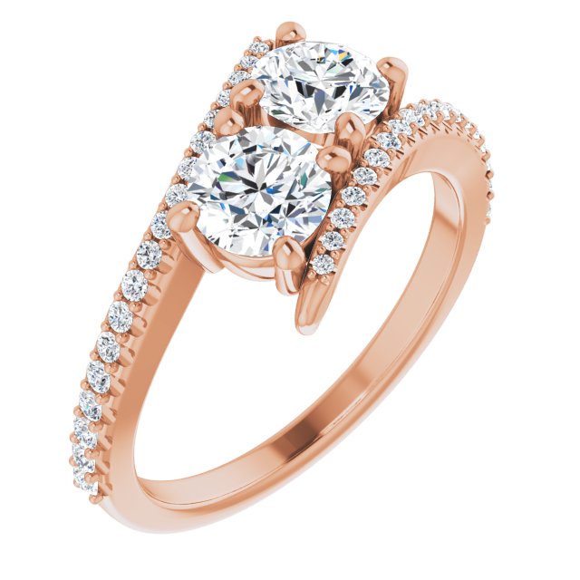 10K Rose Gold Customizable Double Round Cut 2-stone Design with Ultra-thin Bypass Band and Pavé Enhancement