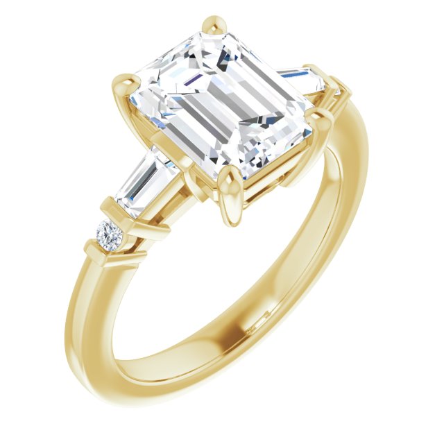 10K Yellow Gold Customizable 5-stone Baguette+Round-Accented Emerald/Radiant Cut Design)