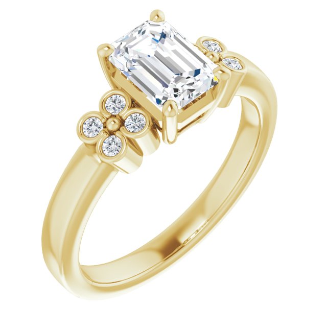 10K Yellow Gold Customizable 9-stone Design with Emerald/Radiant Cut Center and Complementary Quad Bezel-Accent Sets