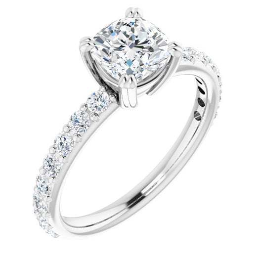 10K White Gold Customizable Cushion Cut Design with Large Round Cut 3/4 Band Accents