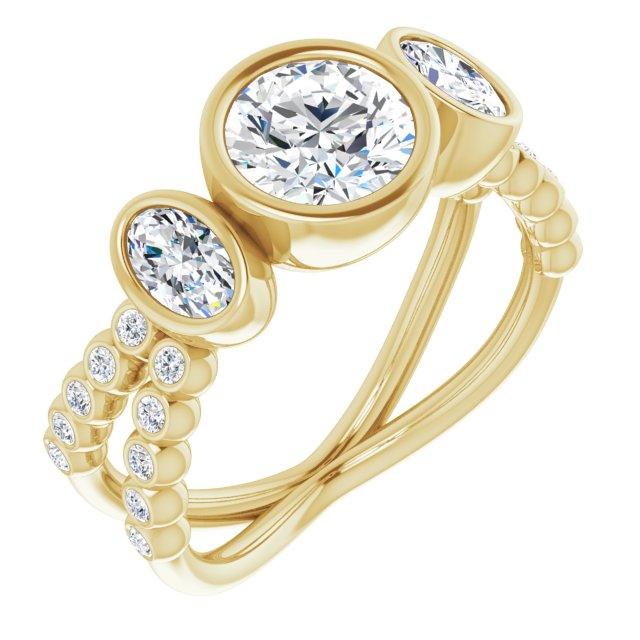 10K Yellow Gold Customizable Bezel-set Round Cut Design with Dual Bezel-Oval Accents and Round-Bezel Accented Split Band