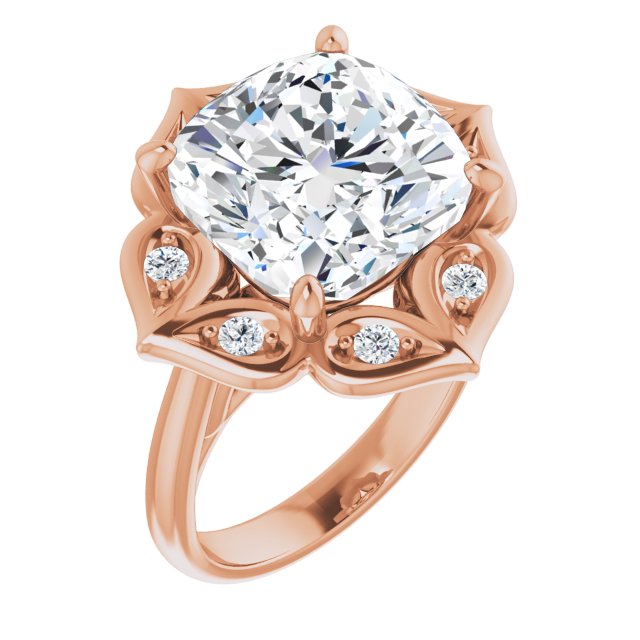 10K Rose Gold Customizable Cathedral-raised Cushion Cut Design with Star Halo & Round-Bezel Peekaboo Accents