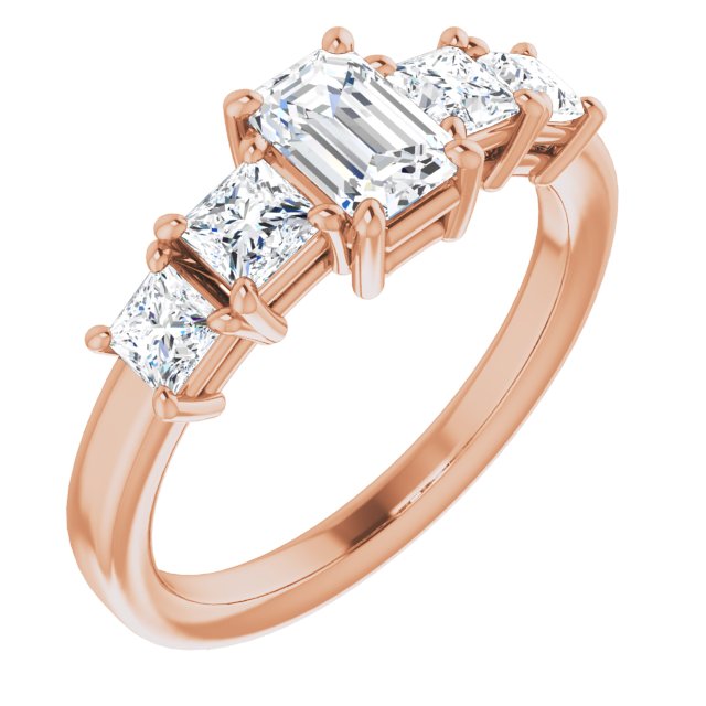 10K Rose Gold Customizable 5-stone Emerald/Radiant Cut Style with Quad Princess-Cut Accents