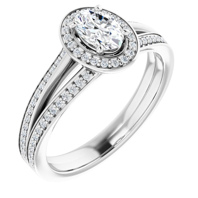 10K White Gold Customizable Oval Cut Design with Split-Band Shared Prong & Halo