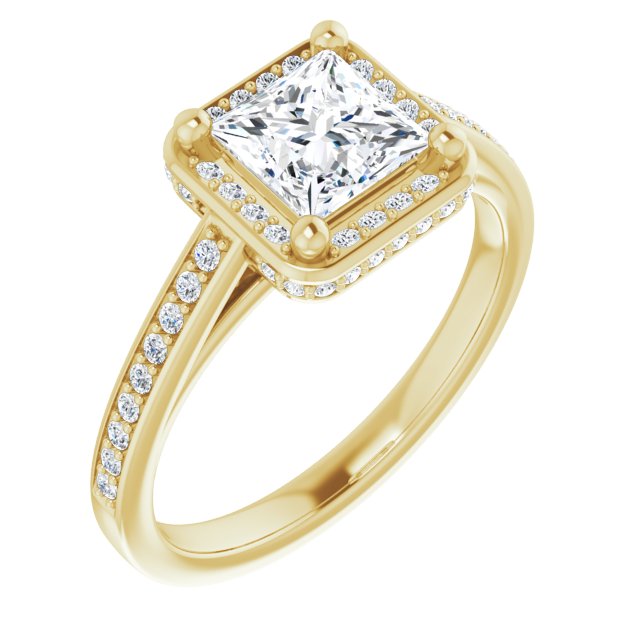 10K Yellow Gold Customizable Cathedral-Halo Princess/Square Cut Design with Under-halo & Shared Prong Band
