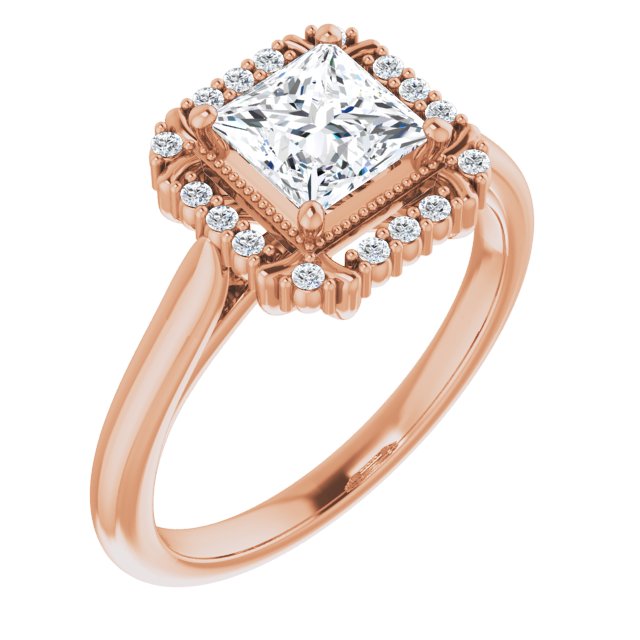10K Rose Gold Customizable Princess/Square Cut Design with Majestic Crown Halo and Raised Illusion Setting