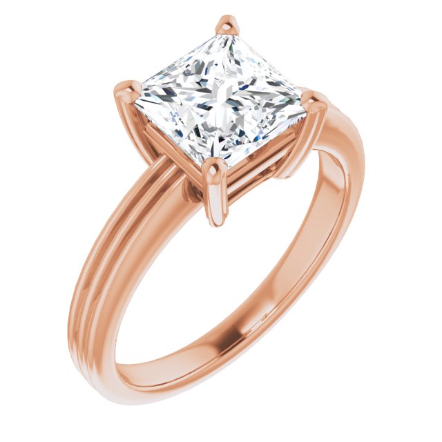 10K Rose Gold Customizable Princess/Square Cut Solitaire with Double-Grooved Band