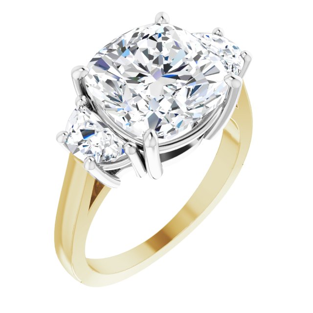 14K Yellow & White Gold Customizable 3-stone Design with Cushion Cut Center and Half-moon Side Stones