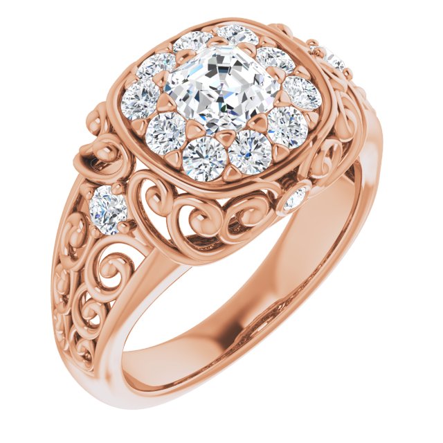 10K Rose Gold Customizable Asscher Cut Halo Style with Round Prong Side Stones and Intricate Metalwork