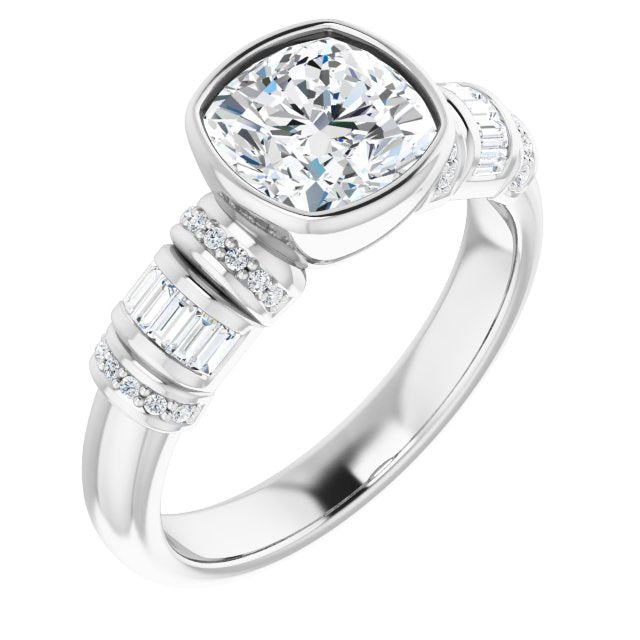 Cubic Zirconia Engagement Ring- The Coralie (Customizable Bezel-set Cushion Cut Setting with Wide Sleeve-Accented Band)