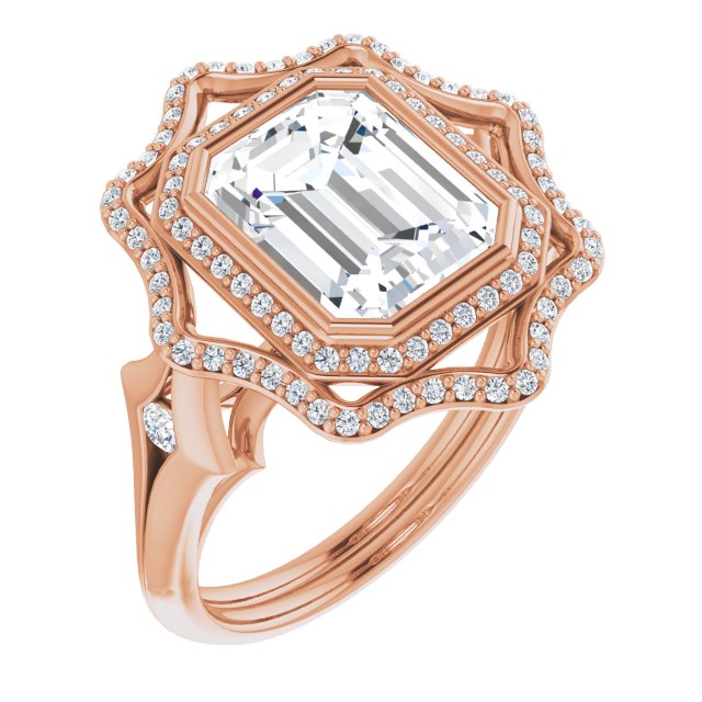 10K Rose Gold Customizable Cathedral-bezel Emerald/Radiant Cut Design with Floral Double Halo and Channel-Accented Split Band