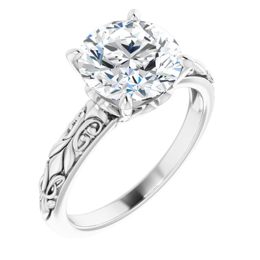 Platinum Customizable Round Cut Solitaire featuring Delicate Metal Scrollwork