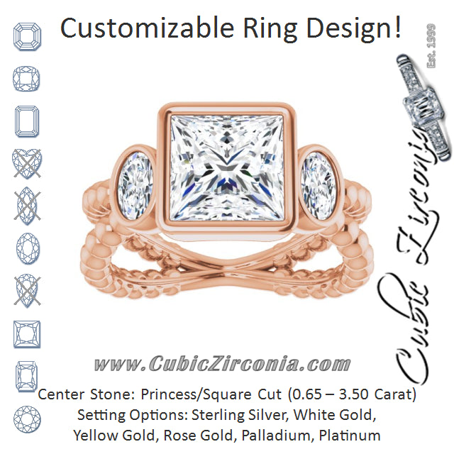 Cubic Zirconia Engagement Ring- The a'Malisa (Customizable 3-stone Princess/Square Cut Design with 2 Oval Cut Side Stones and Wide, Bubble-Bead Split-Band)
