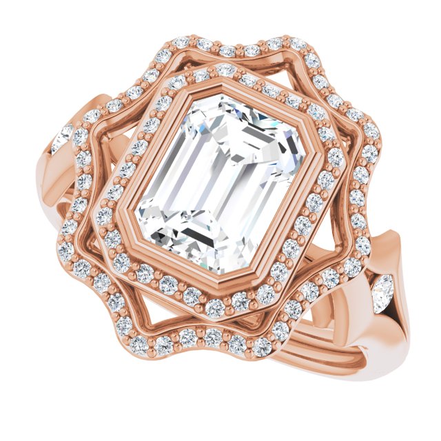 Cubic Zirconia Engagement Ring- The Cyra (Customizable Cathedral-bezel Radiant Cut Design with Floral Double Halo and Channel-Accented Split Band)