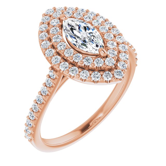 10K Rose Gold Customizable Double-Halo Marquise Cut Design with Accented Split Band