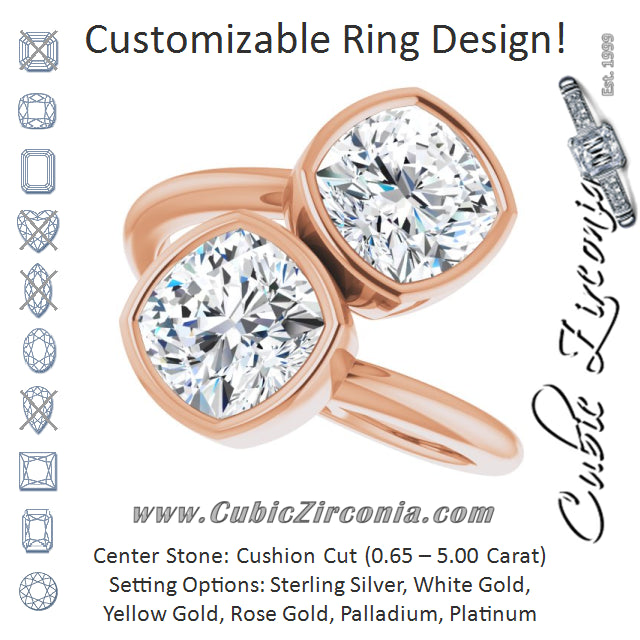 Cubic Zirconia Engagement Ring- The Mirella (Customizable 2-stone Double Bezel Cushion Cut Design with Artisan Bypass Band)