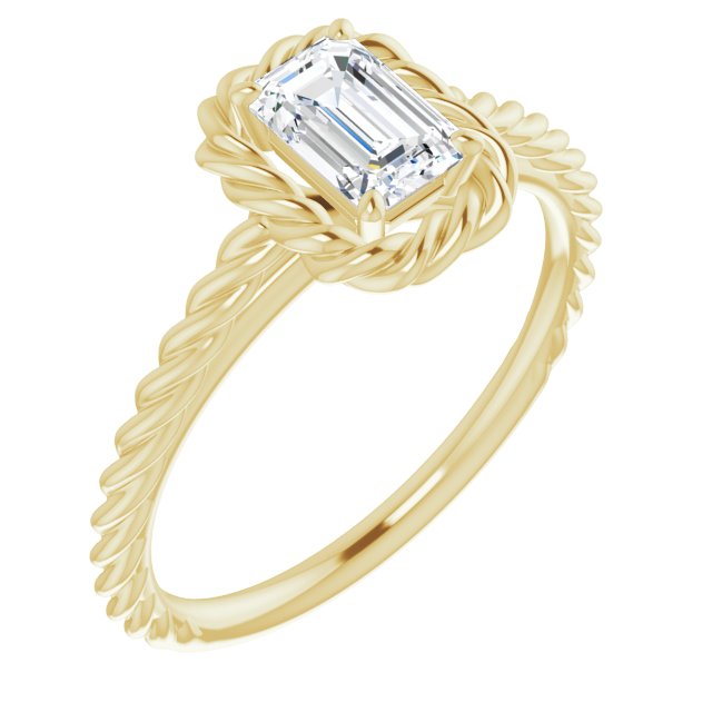 10K Yellow Gold Customizable Cathedral-set Emerald/Radiant Cut Solitaire with Thin Rope-Twist Band