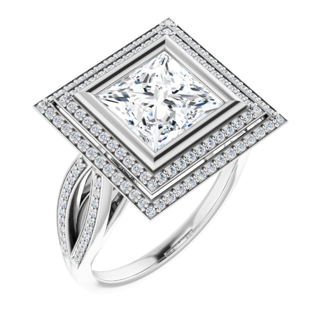 Cubic Zirconia Engagement Ring- The Eliana (Customizable Bezel-set Princess/Square Cut Style with Double Halo and Split Shared Prong Band)