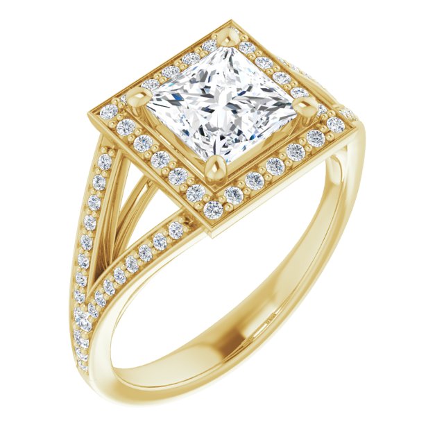10K Yellow Gold Customizable Cathedral-Halo Princess/Square Cut Style featuring Split-Shared Prong Band