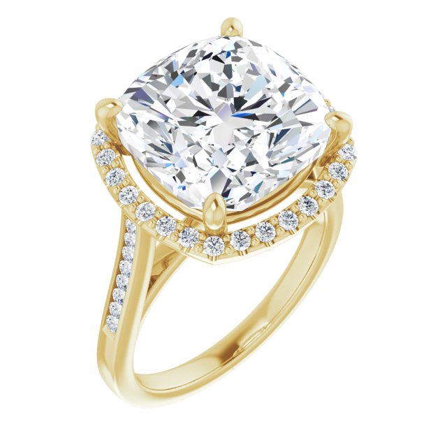 10K Yellow Gold Customizable Cushion Cut Design with Halo, Round Channel Band and Floating Peekaboo Accents