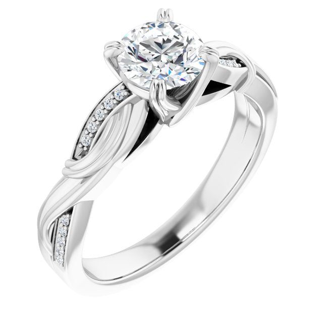 10K White Gold Customizable Cathedral-raised Round Cut Design featuring Rope-Braided Half-Pavé Band