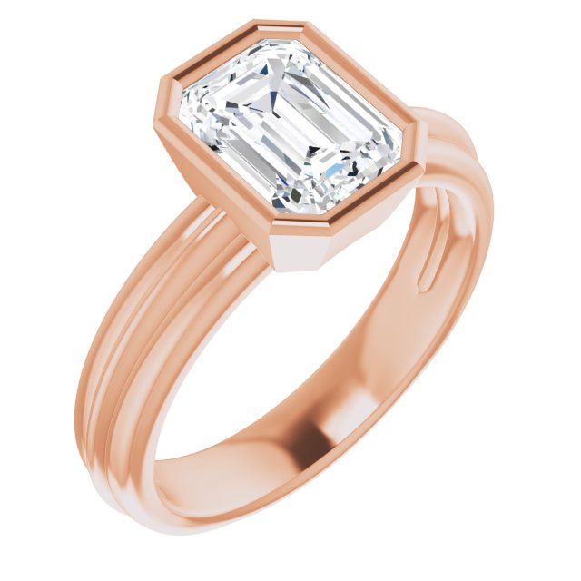 Cubic Zirconia Engagement Ring- The Aretha (Customizable Bezel-set Emerald Cut Solitaire with Grooved Band)