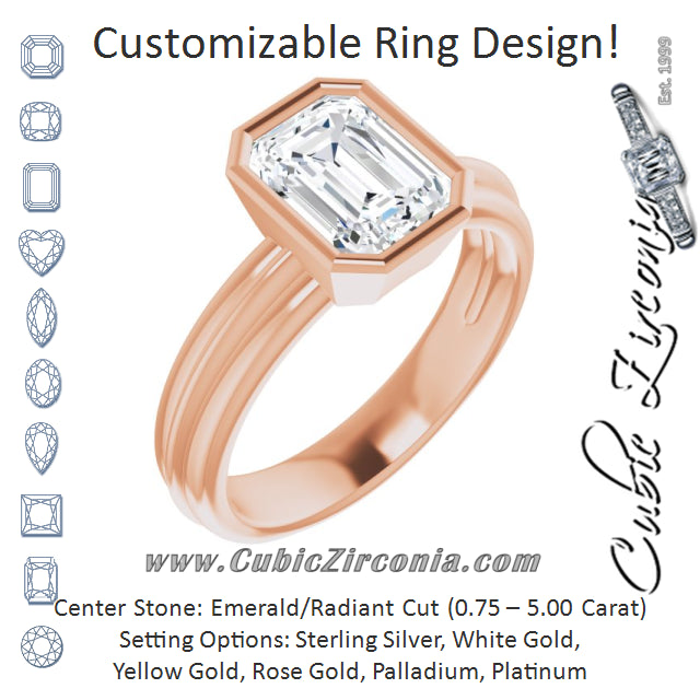 Cubic Zirconia Engagement Ring- The Aretha (Customizable Bezel-set Radiant Cut Solitaire with Grooved Band)