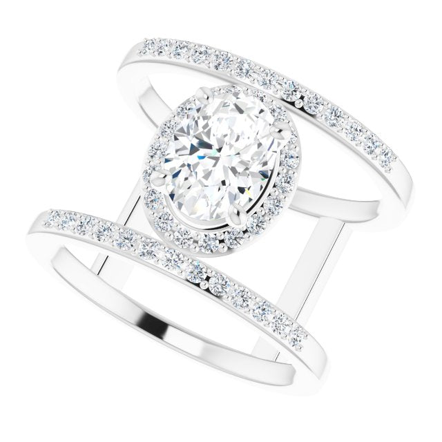 Cubic Zirconia Engagement Ring- The Jersey (Customizable Oval Cut Halo Design with Open, Ultrawide Harness Double Pavé Band)