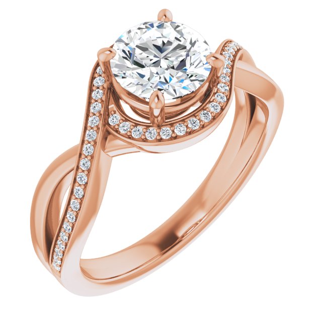 10K Rose Gold Customizable Bypass-Halo-Accented Round Cut Center with Twisting Split Shared Prong Band