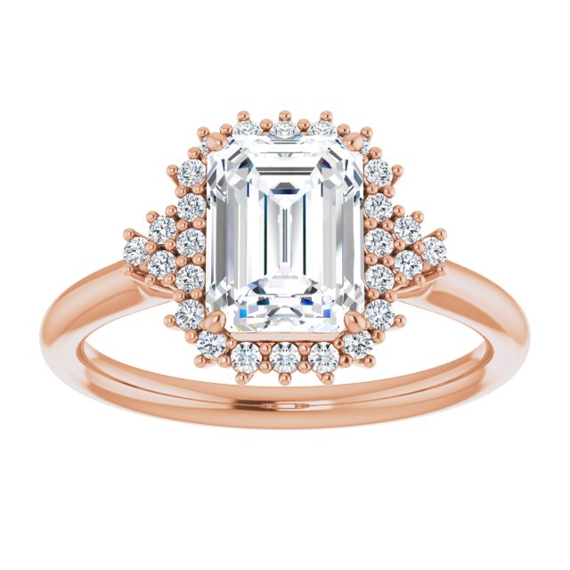 Cubic Zirconia Engagement Ring- The Winter (Customizable Emerald Cut Cathedral-Halo Design with Tri-Cluster Round Accents)