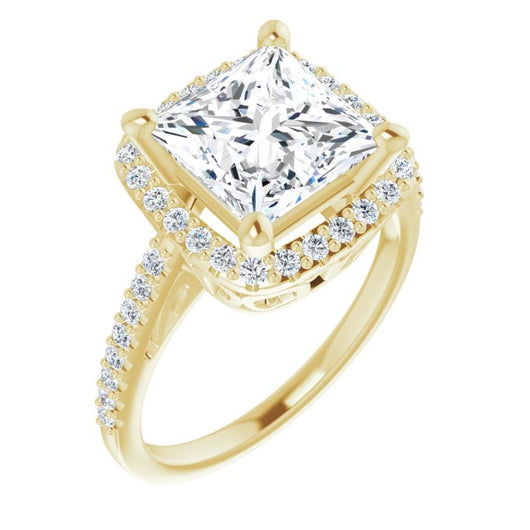 10K Yellow Gold Customizable Cathedral-Crown Princess/Square Cut Design with Halo and Accented Band