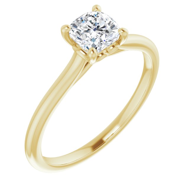 10K Yellow Gold Customizable Cathedral-style Cushion Cut Solitaire with Decorative Heart Prong Basket