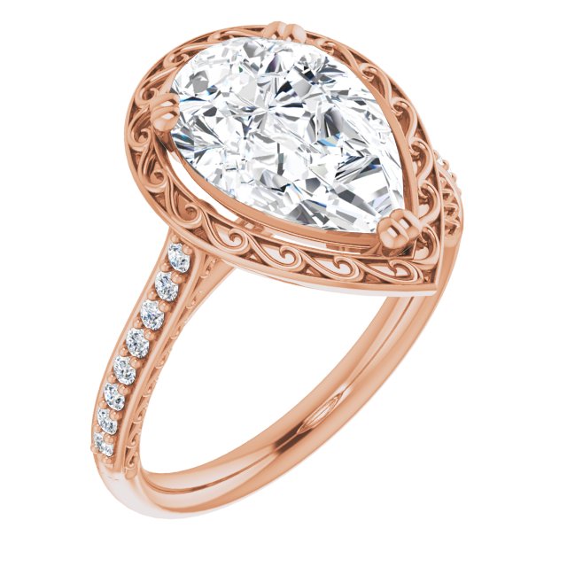 10K Rose Gold Customizable Pear Cut Halo Design with Filigree and Accented Band