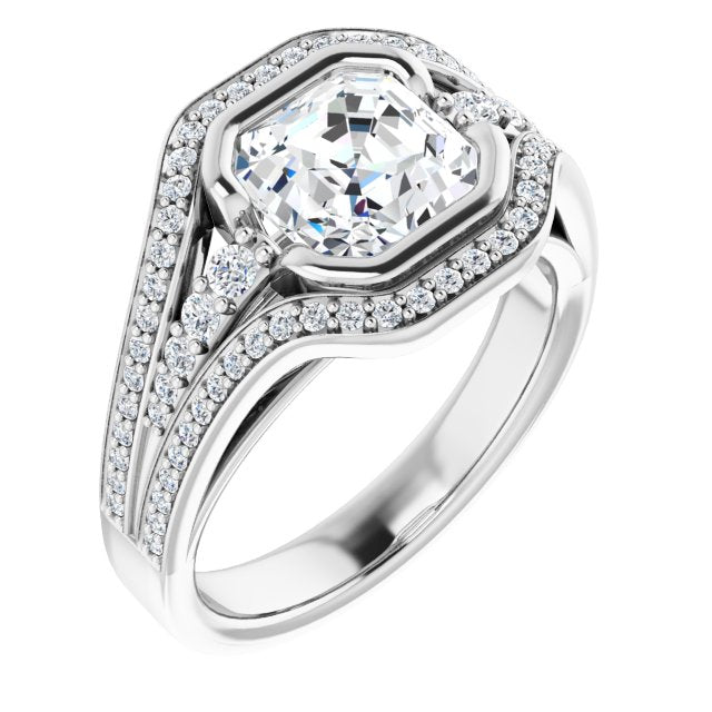 Cubic Zirconia Engagement Ring- The Paola (Customizable Cathedral-Bezel Asscher Cut Design with Wide Triple-Split-Pavé Band)
