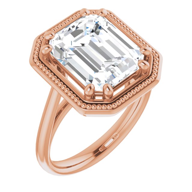 10K Rose Gold Customizable Emerald/Radiant Cut Solitaire with Metallic Drops Halo Lookalike