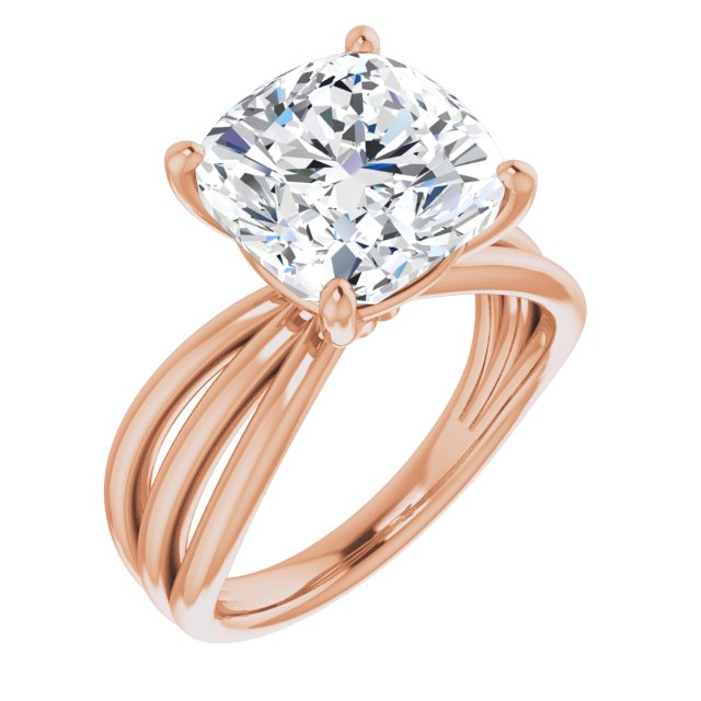 10K Rose Gold Customizable Cushion Cut Solitaire Design with Wide, Ribboned Split-band