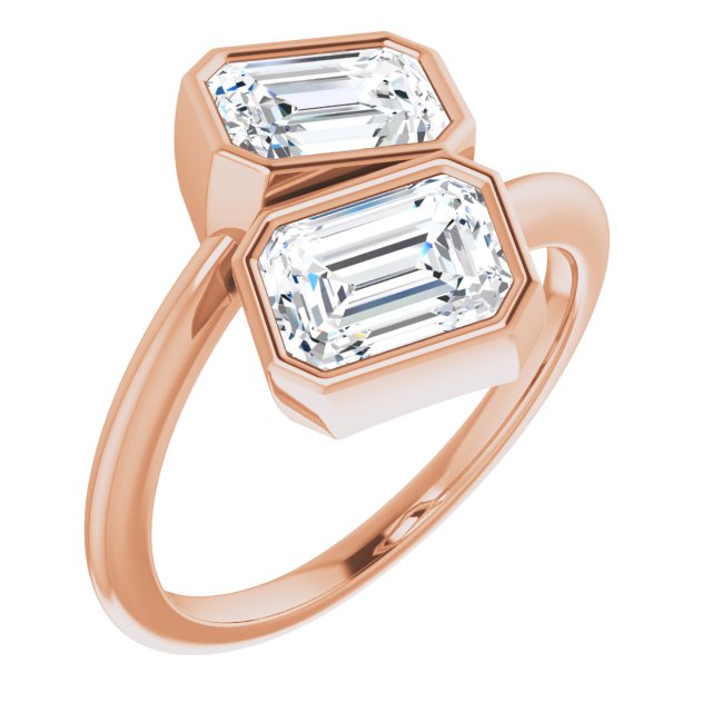 10K Rose Gold Customizable 2-stone Double Bezel Emerald/Radiant Cut Design with Artisan Bypass Band