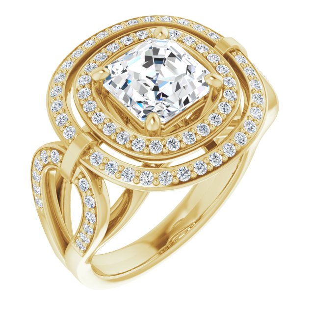 Cubic Zirconia Engagement Ring- The Daksha (Customizable Cathedral-set Asscher Cut Design with Double Halo & Accented Ultra-wide Horseshoe-inspired Split Band)