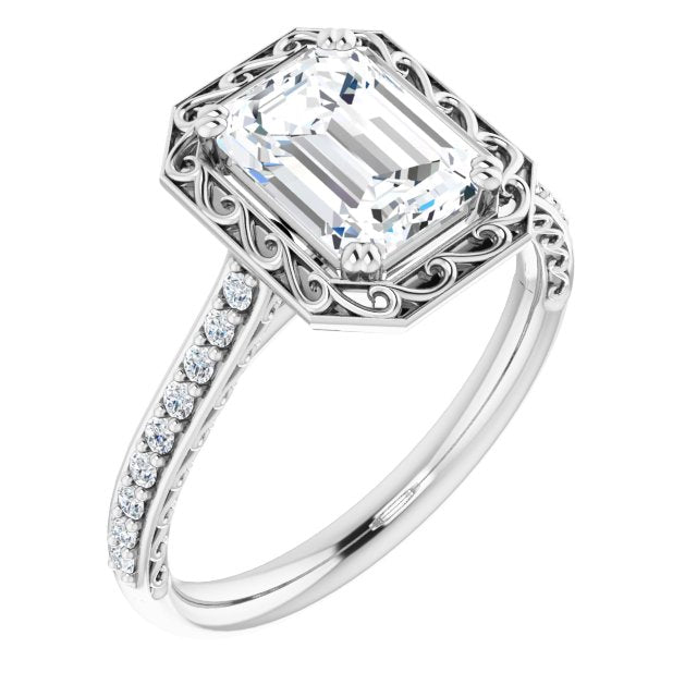 Cubic Zirconia Engagement Ring- The Montserrat  (Customizable Radiant Cut Halo Design with Filigree and Accented Band)