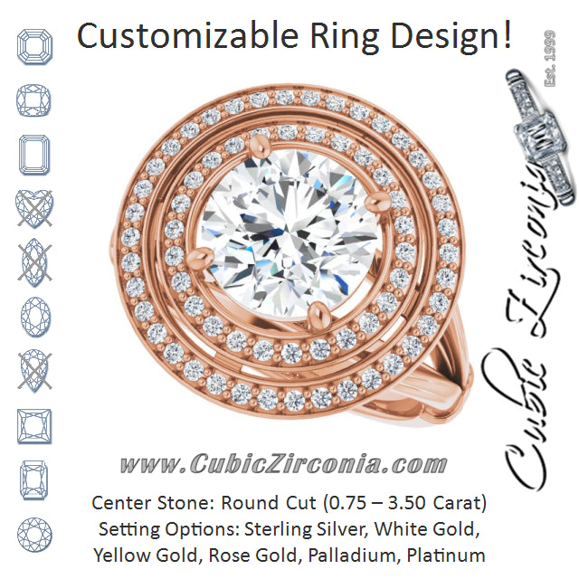 Cubic Zirconia Engagement Ring- The Cheryl (Customizable Cathedral-set Round Cut Design with Double Halo, Wide Split Band and Side Knuckle Accents)