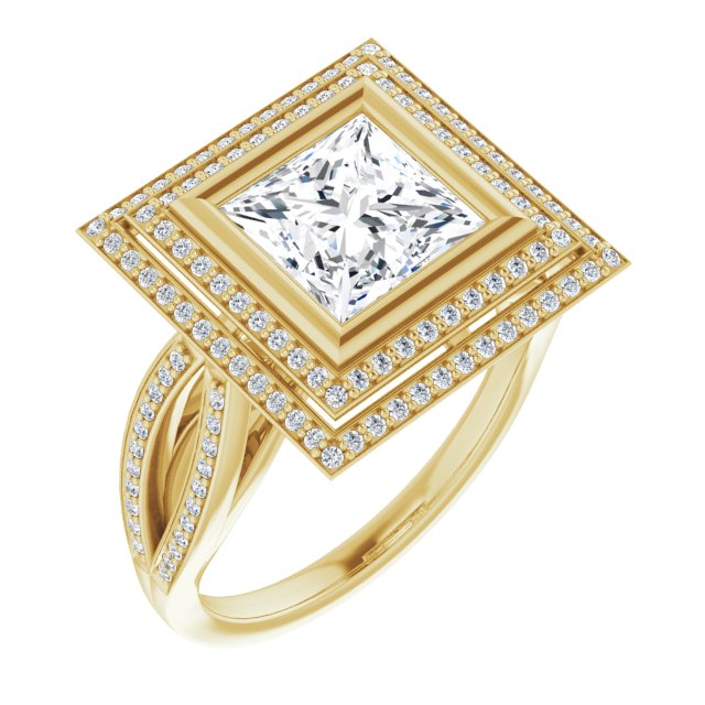 10K Yellow Gold Customizable Bezel-set Princess/Square Cut Style with Double Halo and Split Shared Prong Band
