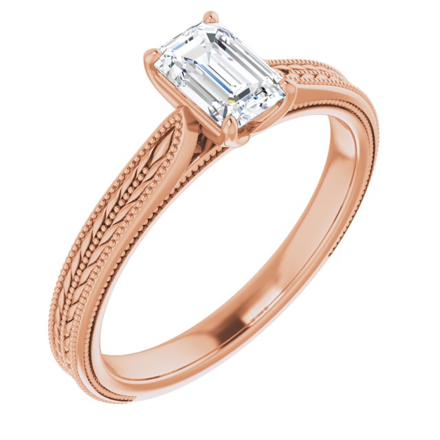 10K Rose Gold Customizable Emerald/Radiant Cut Solitaire with Wheat-inspired Band 
