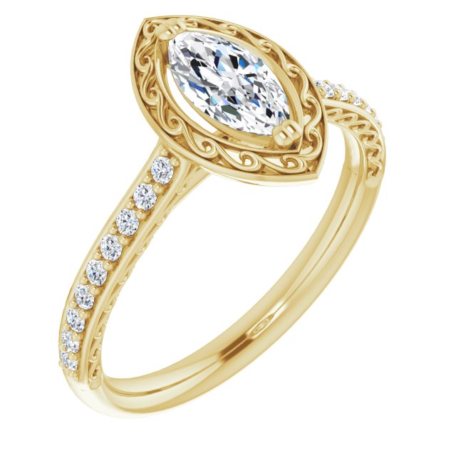 10K Yellow Gold Customizable Marquise Cut Halo Design with Filigree and Accented Band